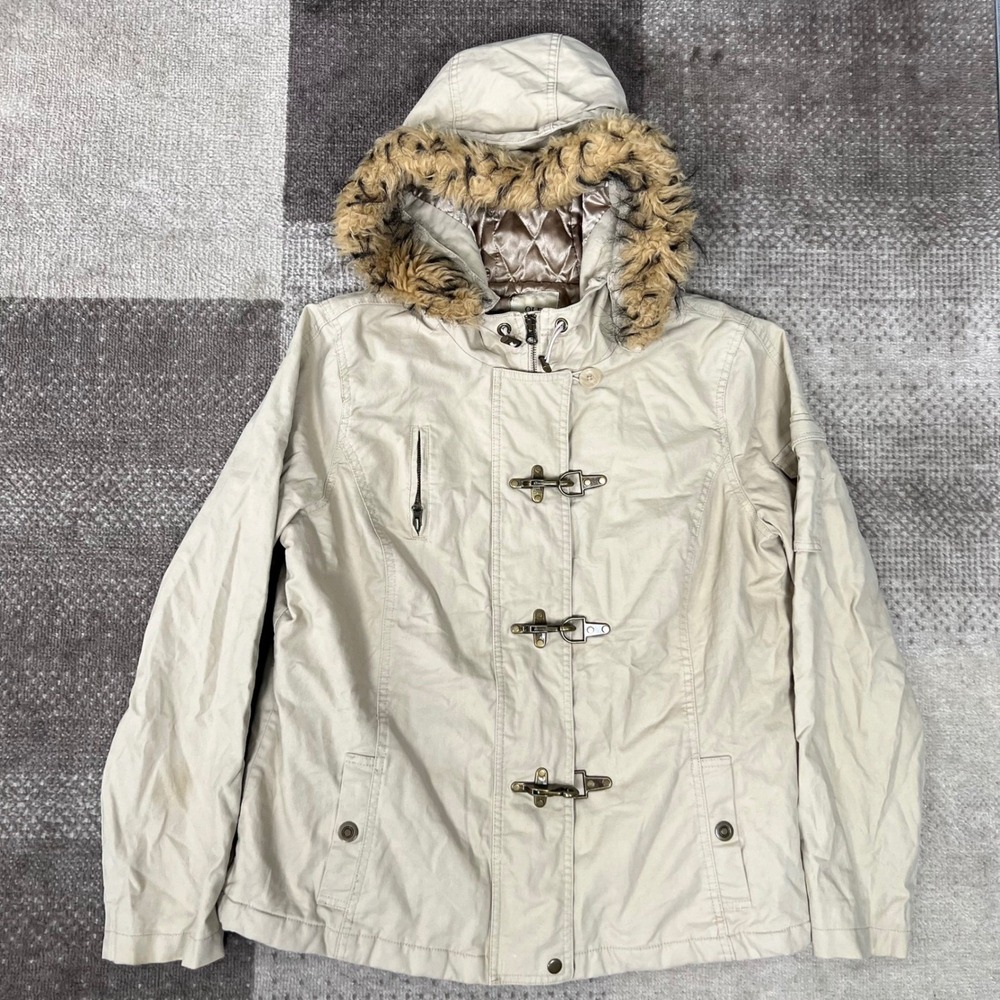Y2K Old Navy Women's Beige Hooded‎ Toggle Jacket Fur Trim Size XL